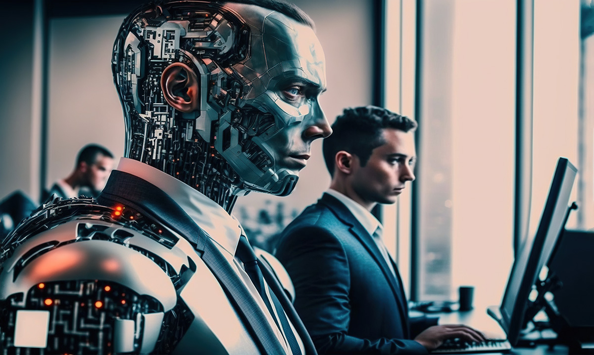 AI Robot Working Next to Office Worker - AI Augmented Workforce Blog Graphic
